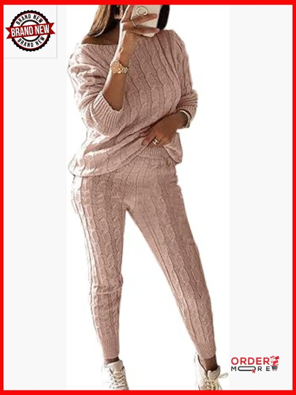 Women Cable Knit 2 Piece Lounge Set Long Sleeve Sweater Jogger